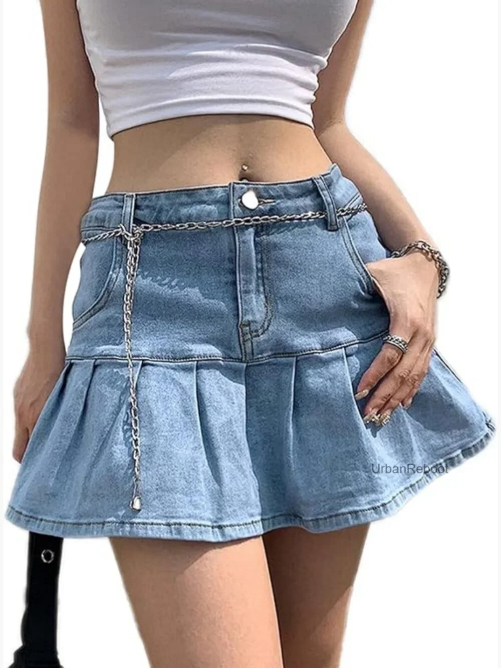 Y2K Denim Mini Skort with Built-in Shorts Pleated A-Line High Waist Ruffle Hem